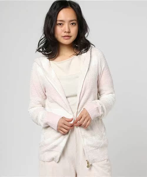 Dịch vụ gia đình Nhật Bản mới sợi lông chất liệu sọc sọc phụ nữ dây kéo áo trùm đầu phụ nữ dịch vụ nhà đồ ngủ áo phông nữ