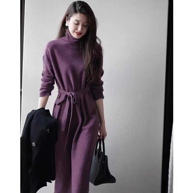 24 Autumn/Winter High-Neck Wool Knit Dress for Women, Loose Over-The-Knee Long Dress, Solid Color Slimming Wool Base Sweater Dress