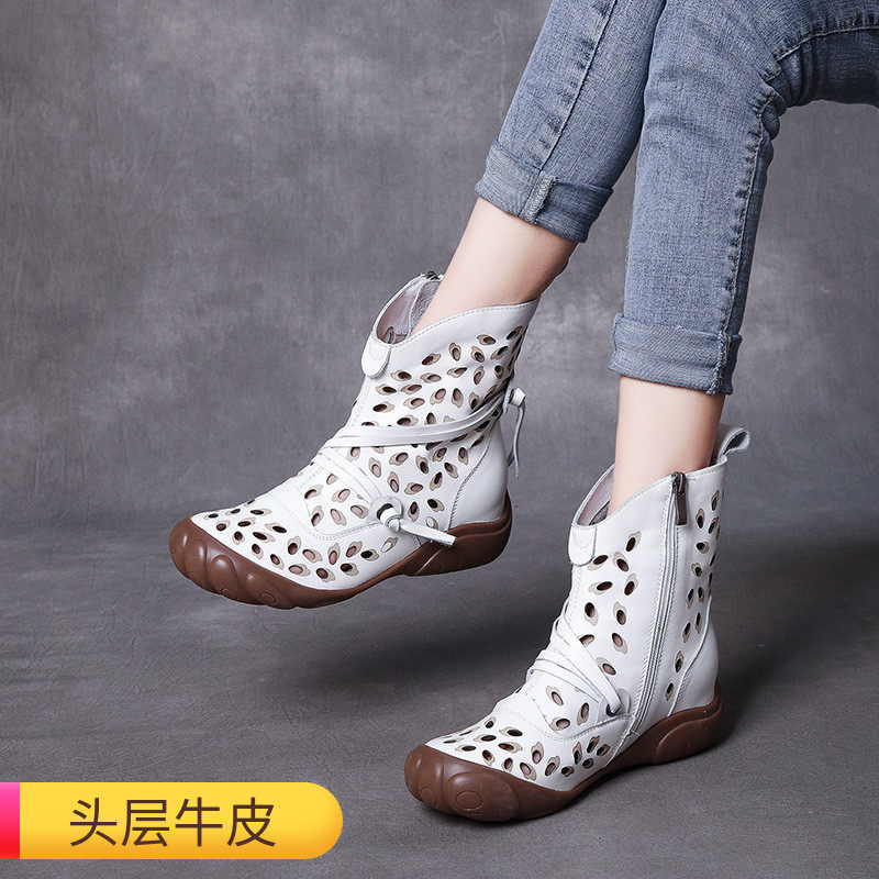 2022 spring summer new hollowed-out short boots female soft bottom breathable high cylinder uni-boot ethnic wind retro cool boots dongle leather boots