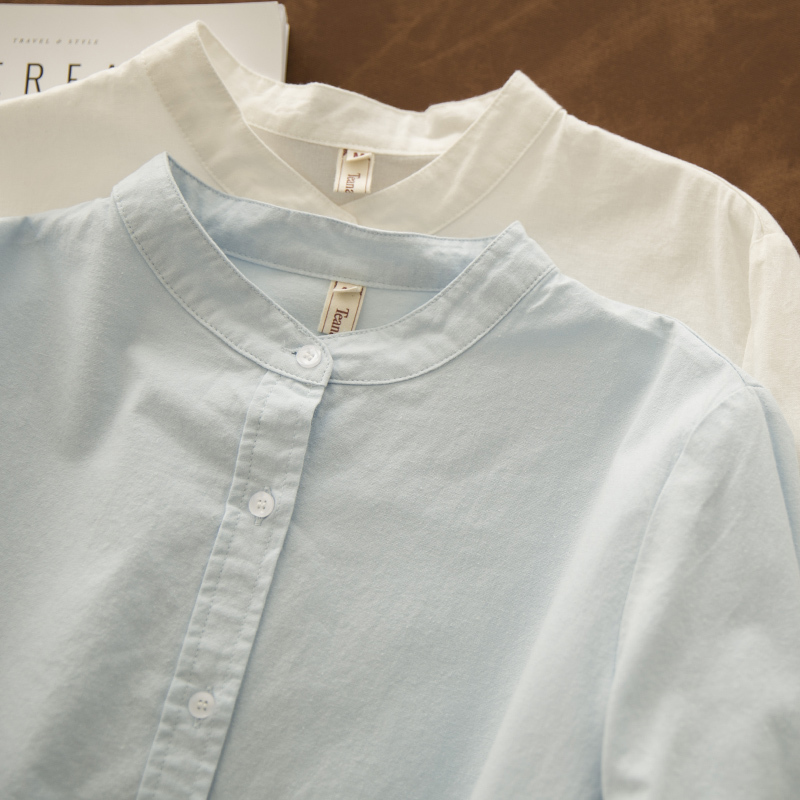 Casual Spring and Autumn Stand-Up Collar Long-Sleeve Pure Cotton College Style Versatile Straight-Fit Base Shirt for Women Commuting