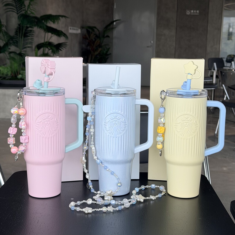Starbucks Cup with Blue Vertical Stripes, Stainless Steel, Dual Drinking Spout, Ice-Resistant Straw Cup with Chain