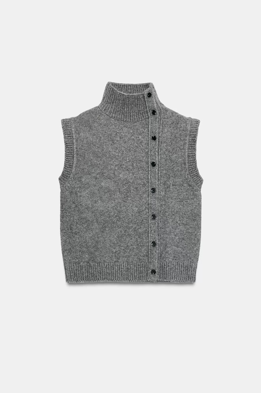 October Zara Domestic Genuine Product Purchasing Agent 5536/109 Women's Stand-Up Collar Double-Breasted Ribbed Knit Vest 5536109