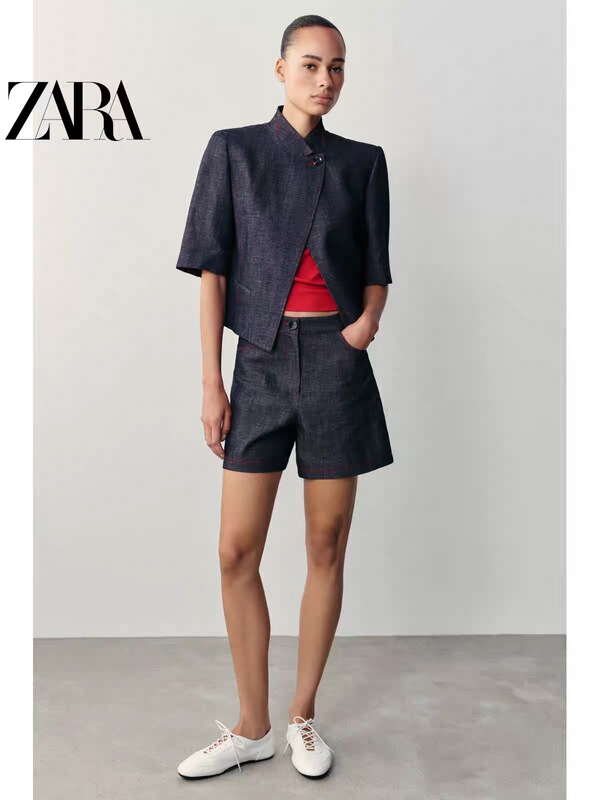 August Zara Domestic Genuine Product Purchasing Agent 7745454 Women's Color-Blocked Linen Casual Shorts 7745/454