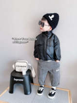 (leather jacket) Childrens black soft leather upright collar handsome gas locomotive suit jacket