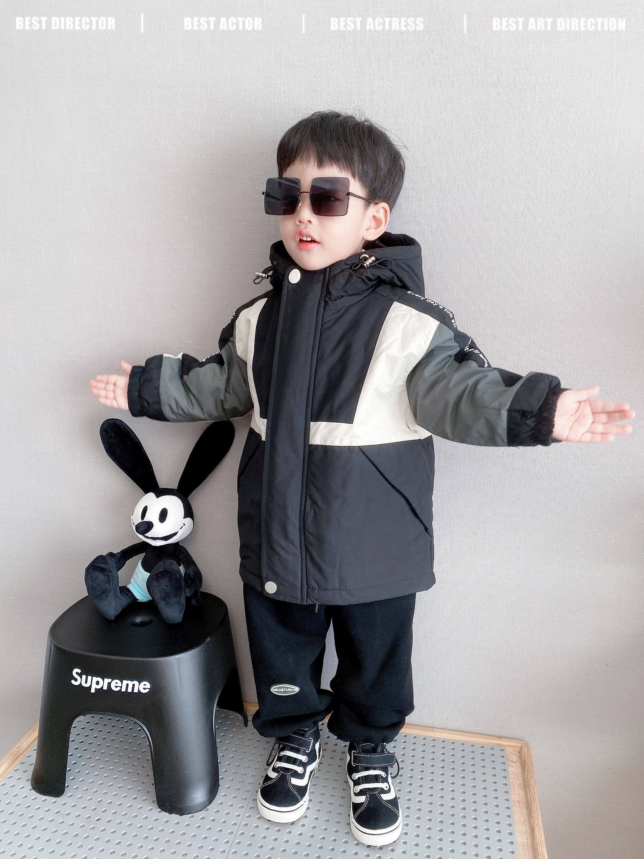 (Color-blocking cotton clothes) Children's autumn and winter warm hooded mid-length cotton jacket