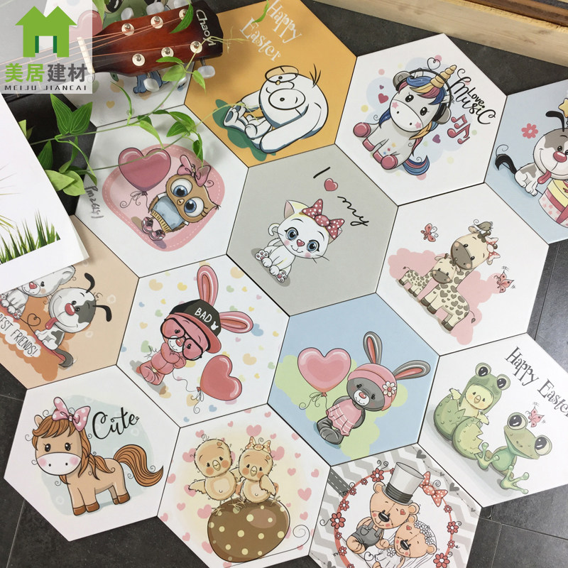 Cartoon Hexagon Brick KT Cat Tiles Children Room Makeup Room Kitchen Wall Brick Non-slip Flower Flakes Pink Animal Hexagon