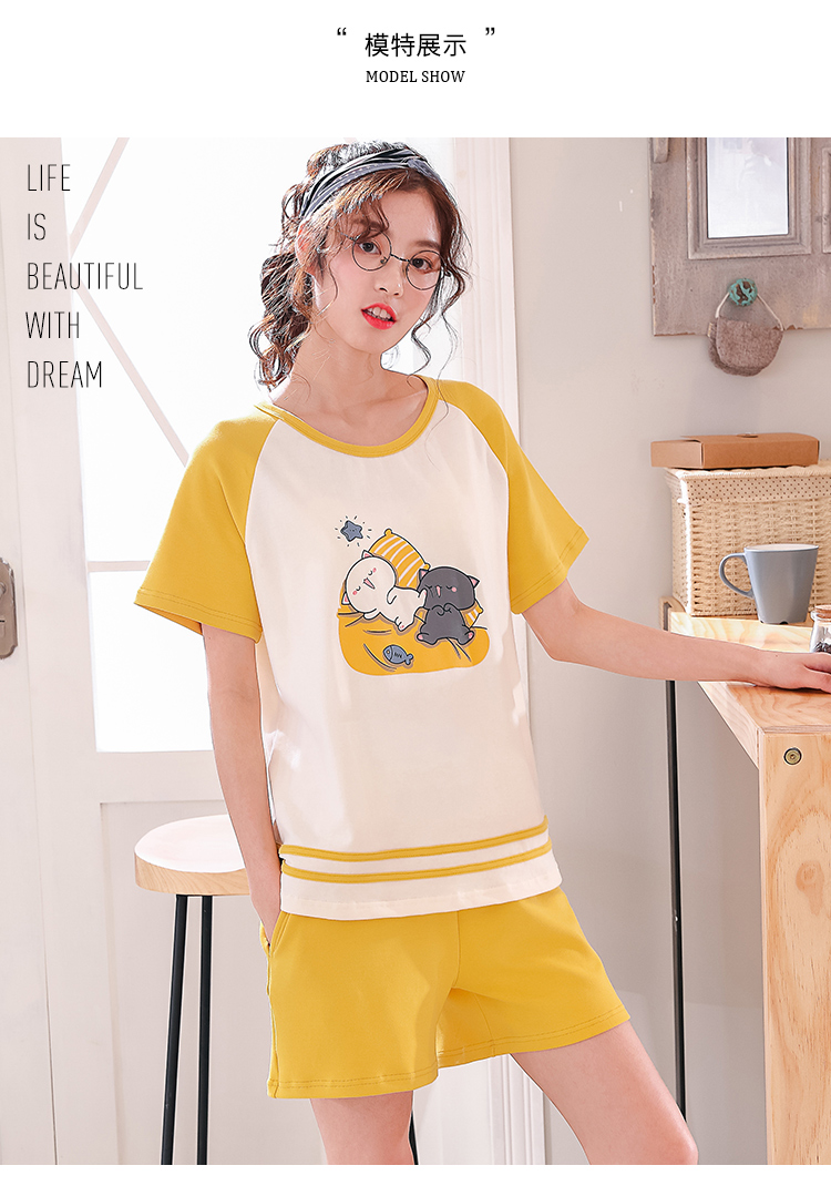 Phiên bản Hàn Quốc của đồ ngủ nữ mùa hè cotton ngắn tay ngắn phần mỏng nữ mùa xuân dễ thương phim hoạt hình dịch vụ nhà bộ đũi nam