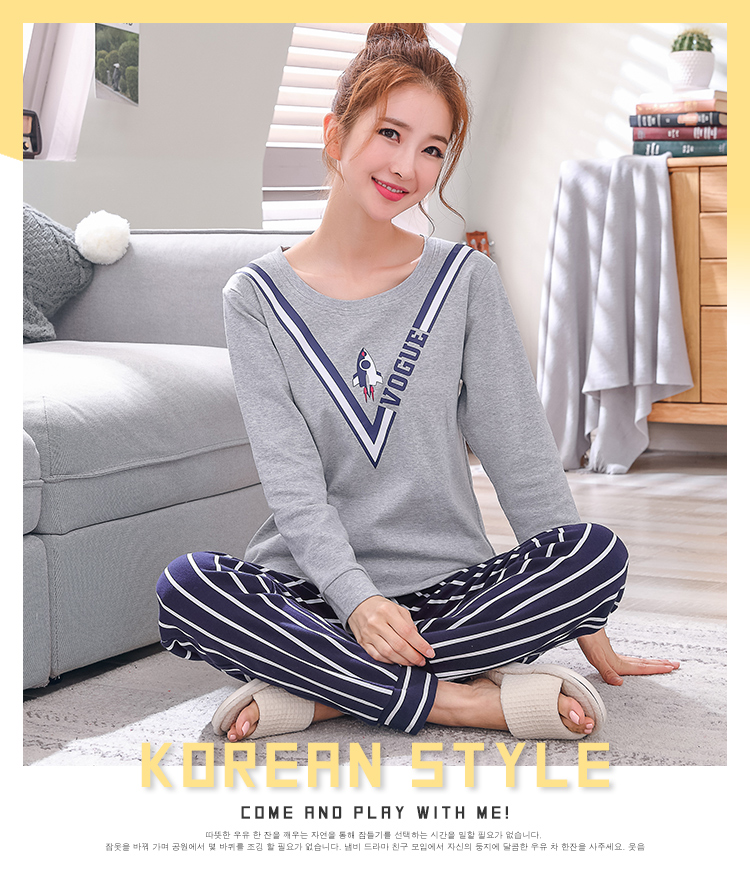 Bộ đồ ngủ dài tay mùa xuân và cotton mùa hè Phụ nữ Hàn Quốc kích thước lớn phần mỏng mùa thu và mùa đông có thể được mặc bên ngoài bộ đồ dịch vụ gia đình đồ bộ thể thao nam