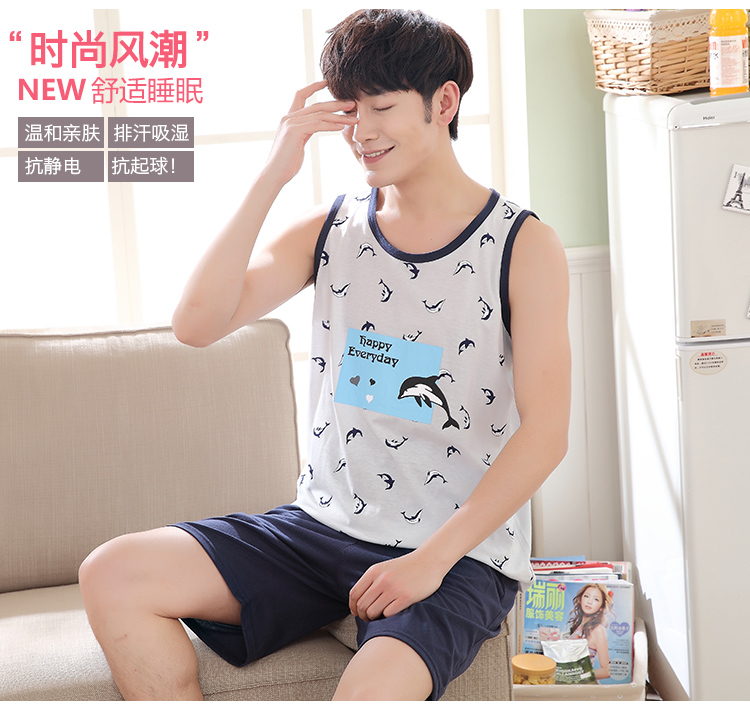 Mùa hè nam không tay vest quần short cotton đồ ngủ nam mùa xuân và mùa thu cộng với phân bón XL có thể được đeo bên ngoài dịch vụ nhà