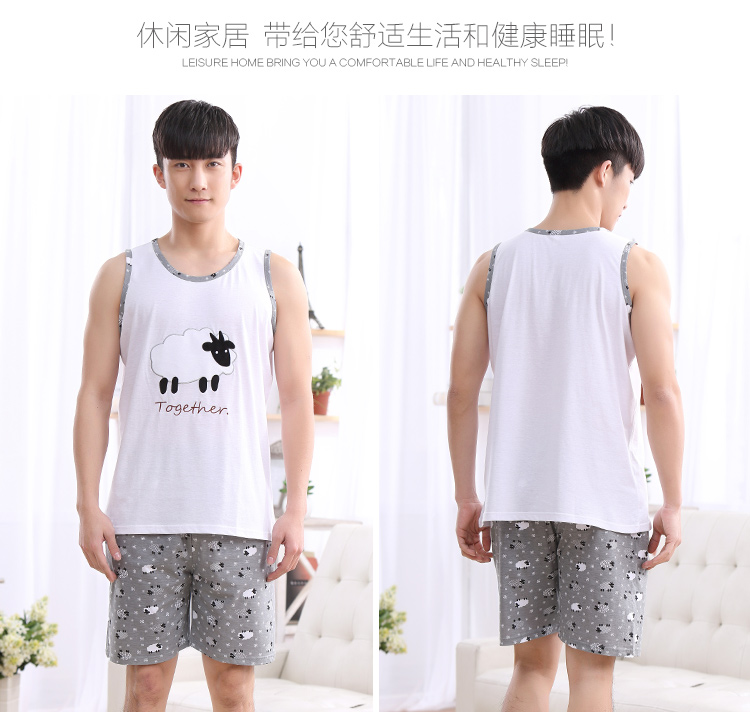 Mùa hè nam không tay vest quần short cotton đồ ngủ nam mùa xuân và mùa thu cộng với phân bón XL có thể được đeo bên ngoài dịch vụ nhà