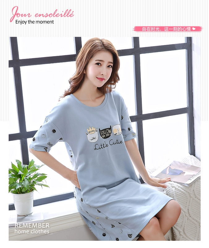 Summer lady cotton ngắn tay váy ngủ hoạt hình mùa xuân dễ thương cộng với phân bón XL cotton béo mm mùa thu và đồ ngủ mùa đông áo đầm đẹp