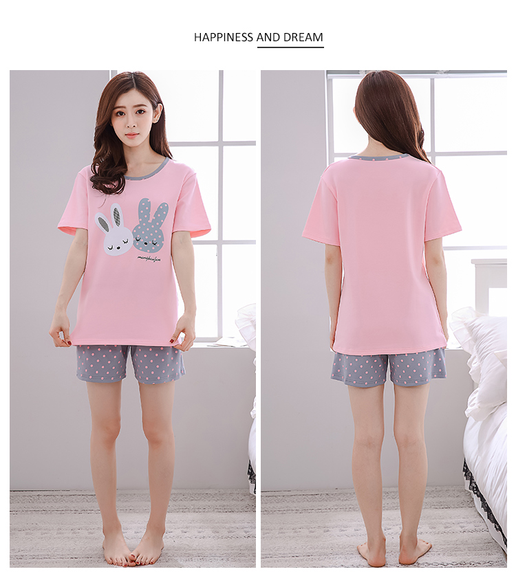 Mùa hè ngắn tay ngắn cotton dễ thương cotton sinh viên phần mỏng đồ ngủ phụ nữ mùa xuân và mùa thu nhà dịch vụ phù hợp đồ bộ ống rộng