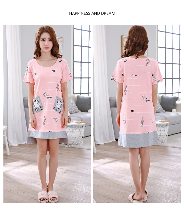 Summer lady cotton ngắn tay váy ngủ hoạt hình mùa xuân dễ thương cộng với phân bón XL cotton béo mm mùa thu và đồ ngủ mùa đông váy lanh mặc nhà
