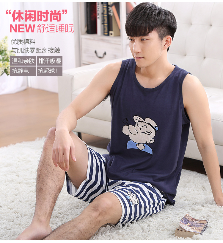 Mùa hè nam không tay vest quần short cotton đồ ngủ nam mùa xuân và mùa thu cộng với phân bón XL có thể được đeo bên ngoài dịch vụ nhà