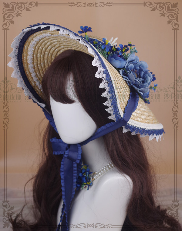 Original * Midsummer Night * French style retro flower satin with straw hat CLA Faculty Lolita wide eaves Flat Hat Flowers