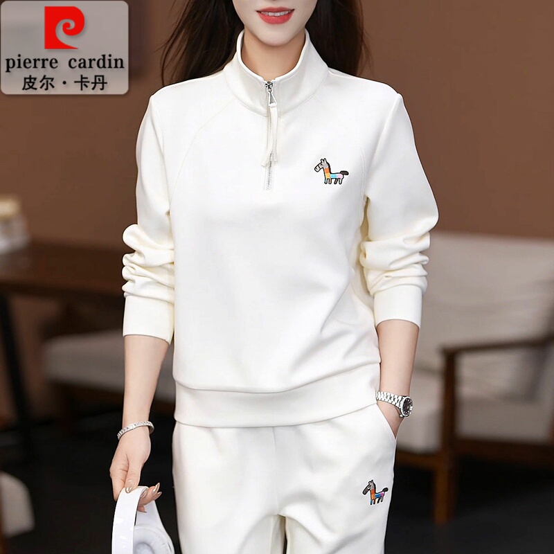 Pierre Cardin Women's Sports Suit Spring and Autumn 2026 New Fashion Embroidered Casual Wear Half-Zip Sweatshirt Two-Piece Set