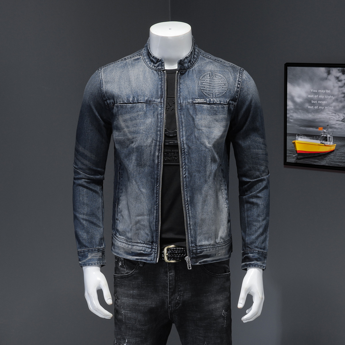 Nam denim jacket đứng-off đẹp trai phẳng rắn thêu màu đen thủy triều thương hiệu thuần trẻ áo khoác màu đỏ Hàn Quốc phiên bản áo khoác