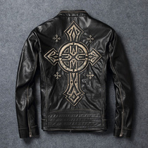 Real leather leather clothing male head layer of cow leather upright collar with short cross leather jacket locomotive riding jacket tide card