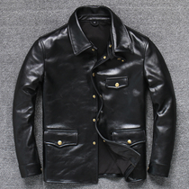 Real leather leather clothes mens turned collar single row of buckle minimalist casual Division gate keeper Ma leather jacket day Department repairs handsome jacket tide