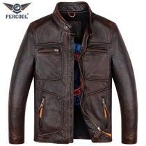 Fashion New Genuine Leather Leather Clothing Youth Jacket Mens Head Layer Bull Leather Collar for short Locomotive Clothing Leather Jacket