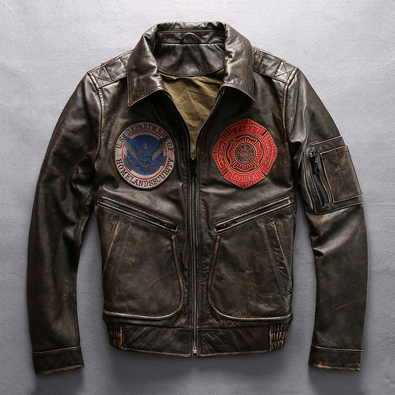 American Air Force leather jacket men's lapel retro old first layer cowhide leather flight jacket crew leather jacket slim coat