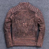 Heavy Goods Street Car Locomotive Riding Clothing Leather Clothes Men Genuine Leather Head Layer Cow Leather Retro Steel Imprinted Leather Jacket Standout Jacket Tide