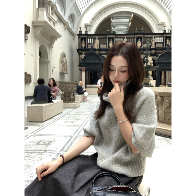 Ashy Snow Classical Notes 100% Wool Twist Turtleneck Cape Knit Top Vintage Batwing Sleeve Sweater