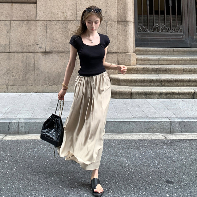 AshySnow Art Department ອາວຸໂສ/ລະດູຮ້ອນ pleated skirt A-line drape slimming temperament almond skirt