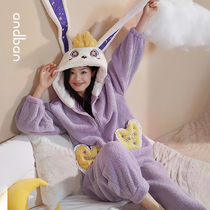 Anns companion coral velvet pajamas womens winter cute rabbit warm jumpsuit plus velvet thickened Snowflake home wear