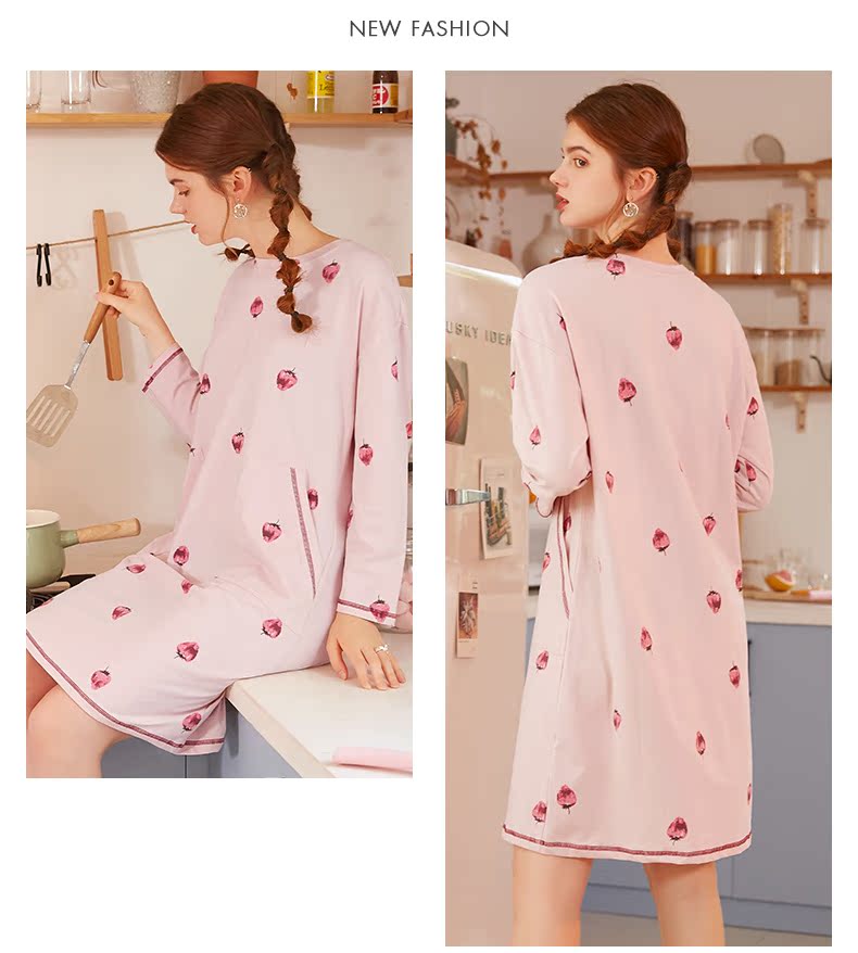 An Zi với chất liệu cotton tay ngắn tay dài tay mùa hè dâu tây ngọt ngào dễ thương có thể mặc đồ bên ngoài đầm ngủ nữ
