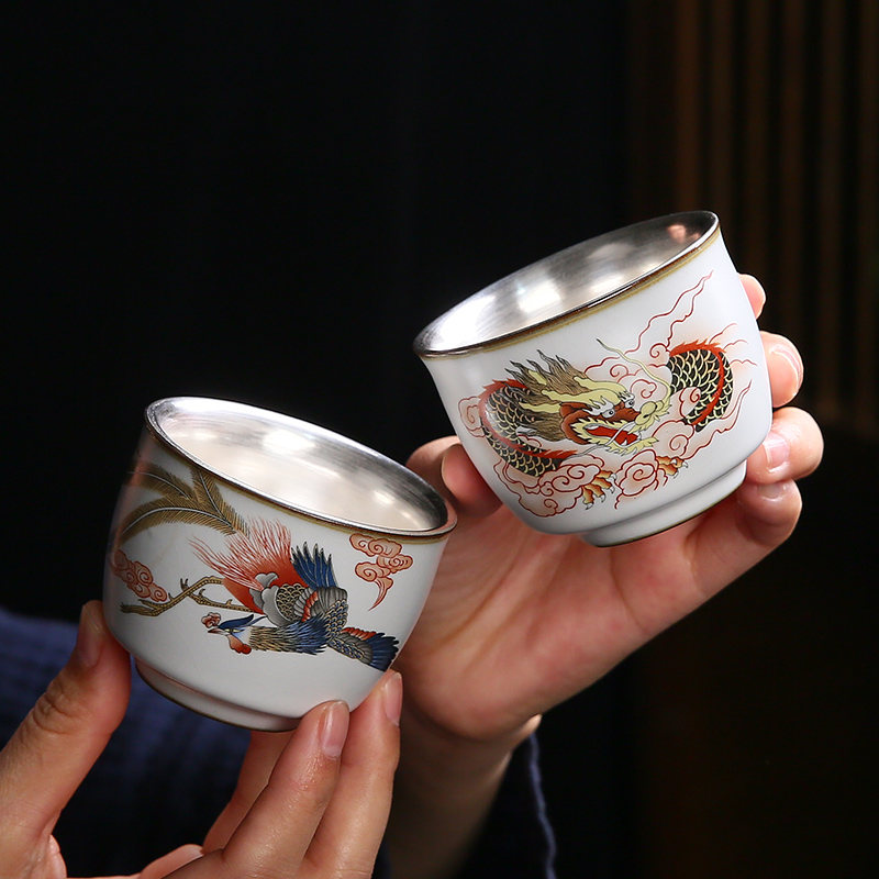 銀茶杯999純銀主人杯純手工陶瓷內膽鎏銀盃汝窯龍鳳呈祥個人單杯