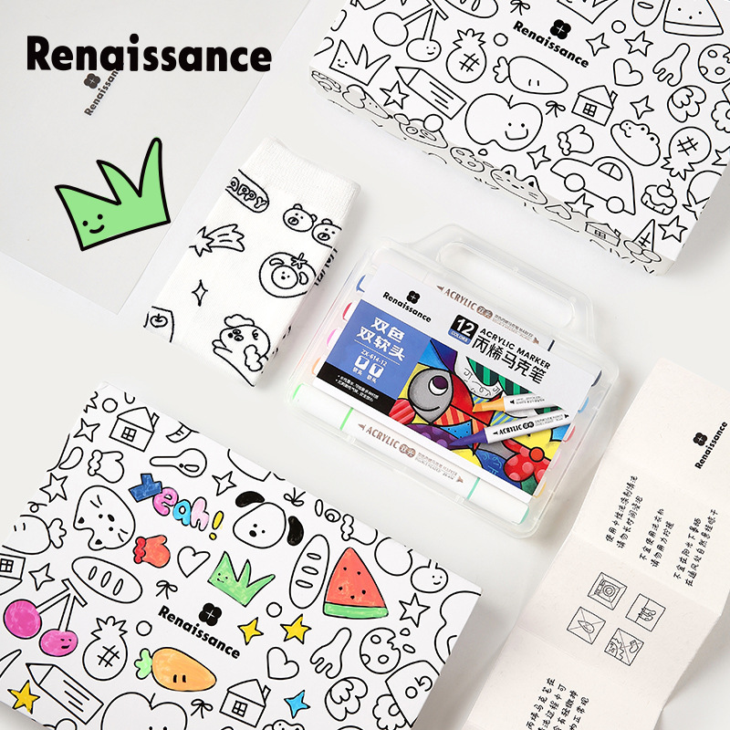 Renaissance Acrylic Paint DIY Hand-Painted Graffiti Parent-Child Socks Gift Box Cartoon Mid-Tube Cotton Socks Renaissance Acrylic Paint DIY Hand-Painted Graffiti Parent-Child Socks Gift Box Cartoon Mid-Tube Cotton Socks