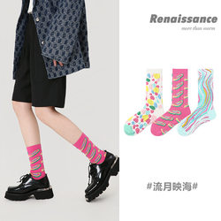 Renaissance Renaissance original women's mid-calf cotton socks with personality rhombus abstract ins trendy 3 pairs gift box