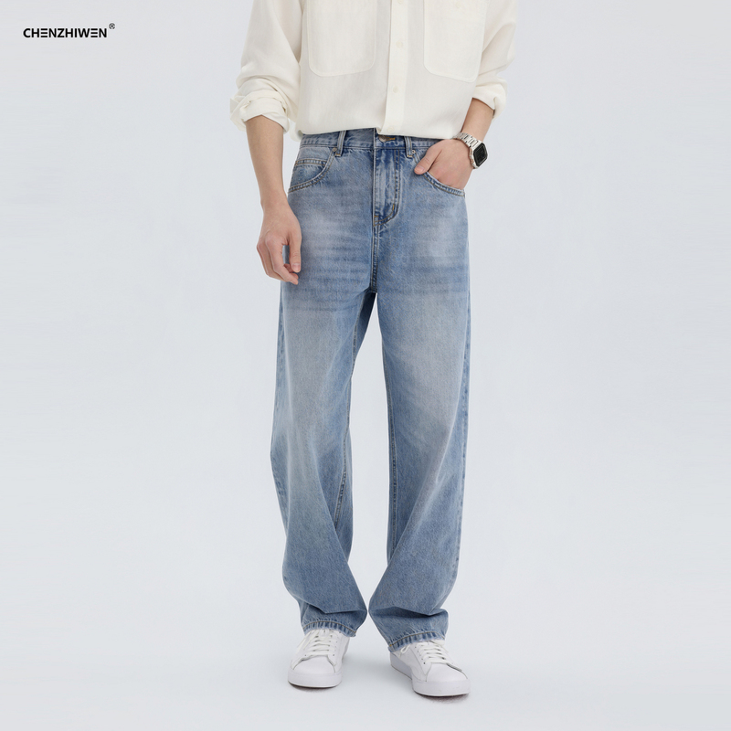 Chen Zhiwen's New Spring Style Pure Cotton Retro American-Style Washed Blue Jeans Loose Casual Straight-Leg Pants for Men