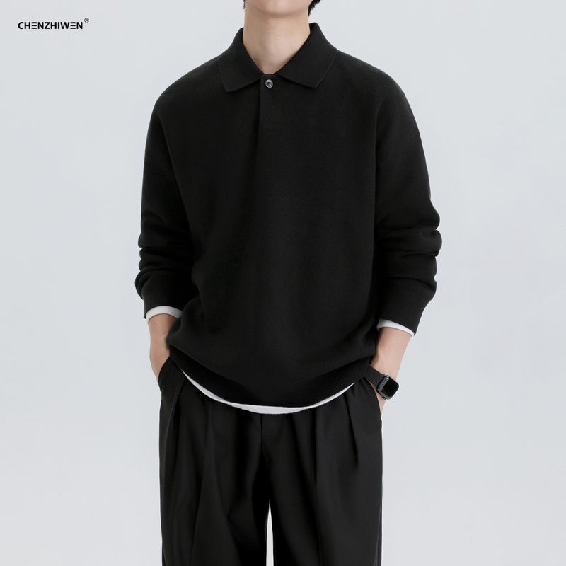 Chen Zhiwen's New Autumn Style Old Money Style Lapel Pullover Knitwear Loose Casual Sweater Polo Jacket for Men