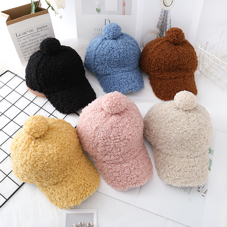 Autumn Winter Sky Duck Tongue Cap Children Han Edition Sheep Lamb Suede Pure color baseball cap Children's wool ball hat Boys warm hat