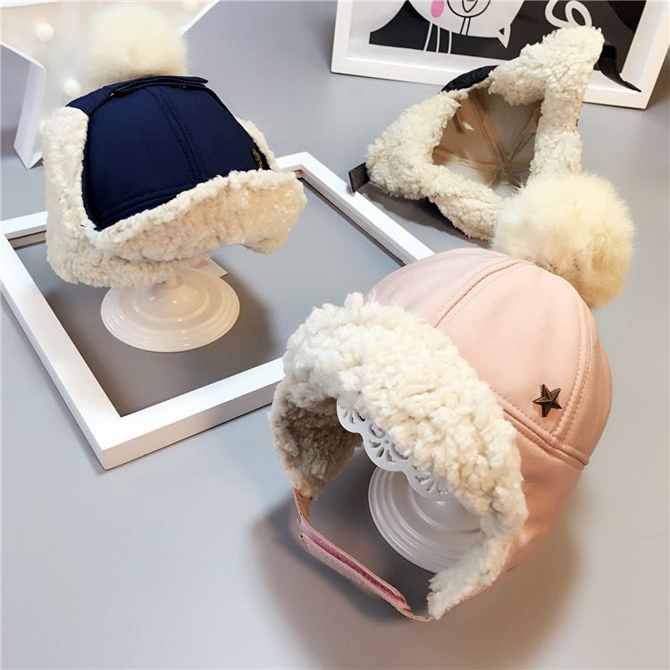 Baby hat autumn winter plus suede protection earcap Lei Feng cap wool ball cap male and female child baby cap suede warm hat tide
