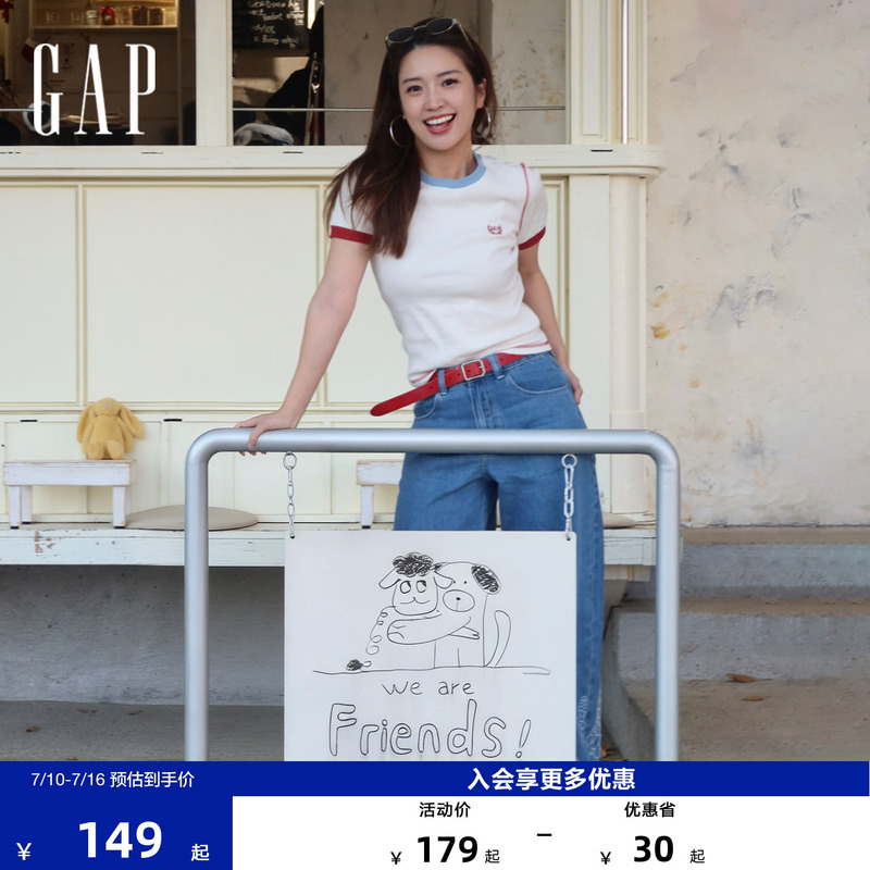 [Cheng Yi Endorsement] Gap Women's Clothing 2026 Spring New Embroidered Logo Casual Contrast Color Short Sleeve T-Shirt 859036