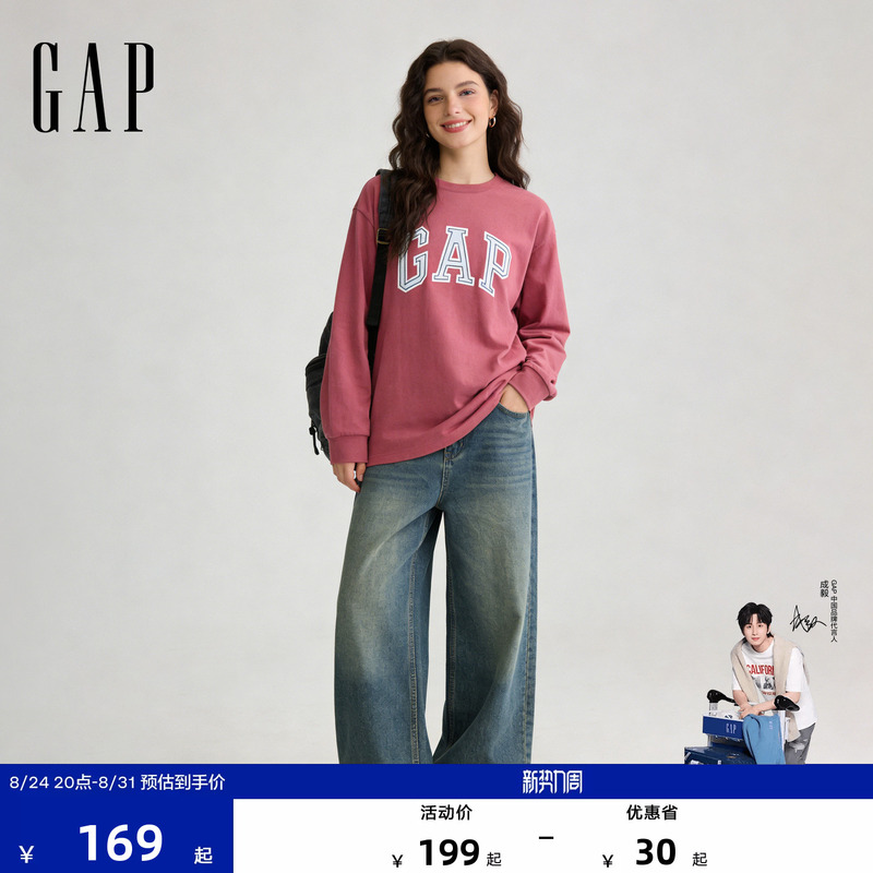 [Cheng Yi Endorsement] Gap Men's and Women's Clothing 2026 Autumn Classic Logo Pure Cotton Round Neck Loose Long Sleeve T-Shirt 788456
