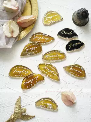 KKlife Custom Agate stone handmade English Calligraphy Wedding seat card return gift Birthday gift Ginger yellow