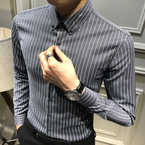 Fashion handsome casual shirt spring striped long-sleeved shirt mens Korean slim mens business plus velvet warm inch