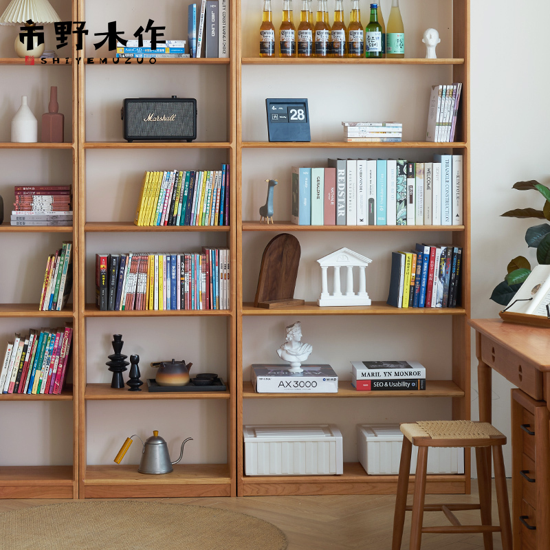 Retro Solid Wood Combination Bookshelf, Floor-To-Ceiling Full Wall Combination Bookcase, Natural Wood Whole Wall Oak Cherry Wood Storage Cabinet for Study Room