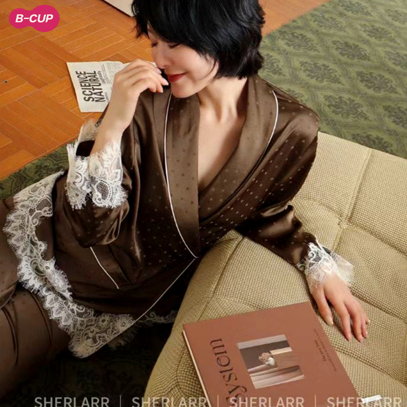 French Retro Style Lace Polka Dot Silk Pajamas for Women Spring Long-Sleeved Trousers Elegant Kimono Home Wear