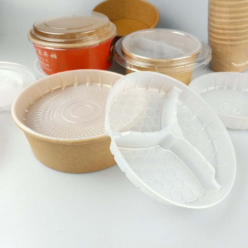 Kraft paper bowl inner support food separation commercial box with lid bento salad fried rice bibimbap disposable packaging box round
