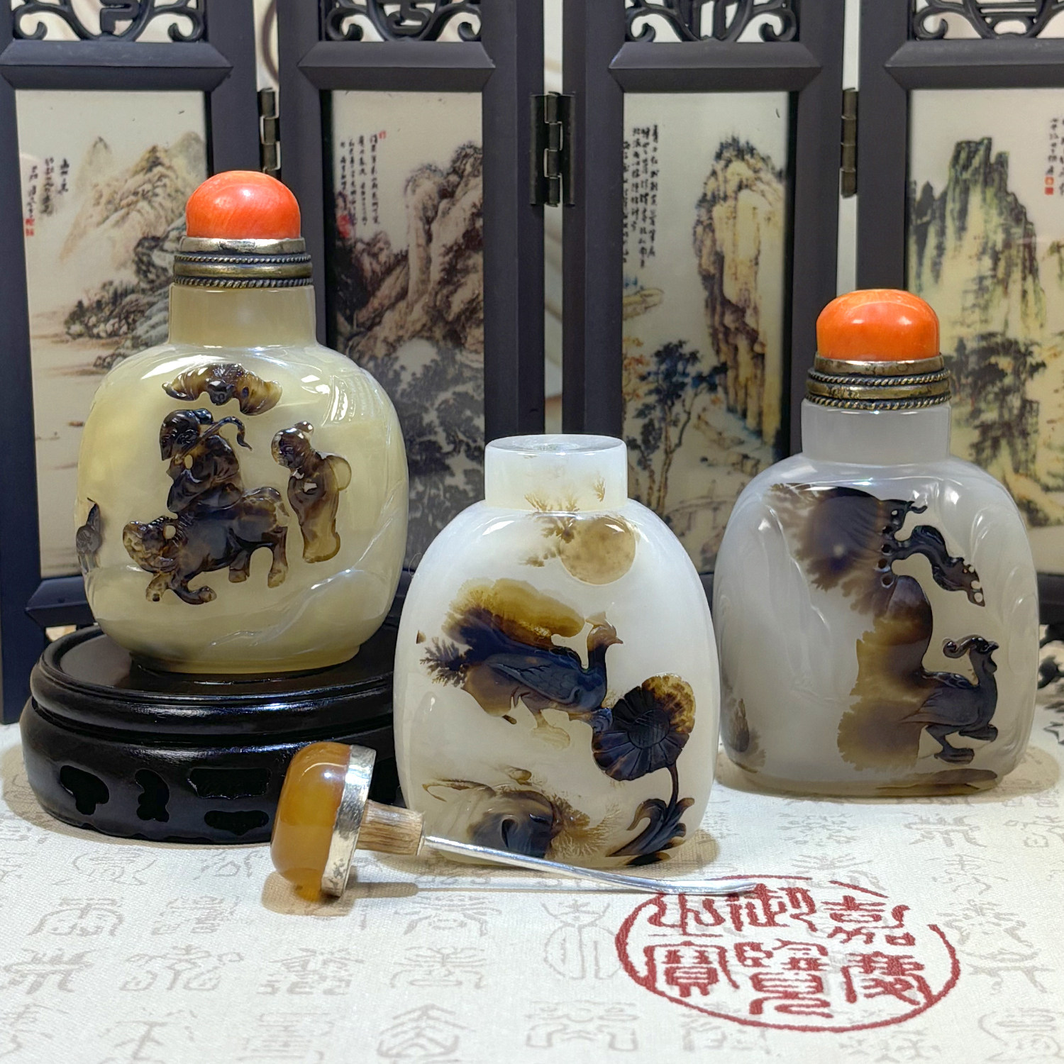 骨雕鼻烟壶带银勺龙凤花鸟雕刻鼻烟粉把玩古玩手工艺品商务国风-淘宝