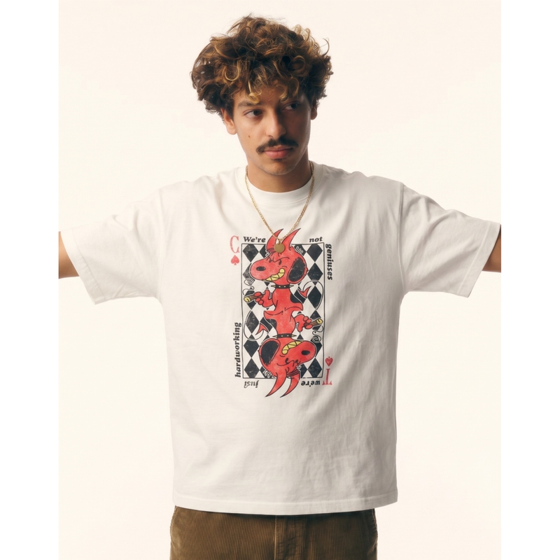 Comictree Summer New Cartoon Creative Poker Devil Snoopy Round Neck Boxy White Short-Sleeved T-Shirt for Men