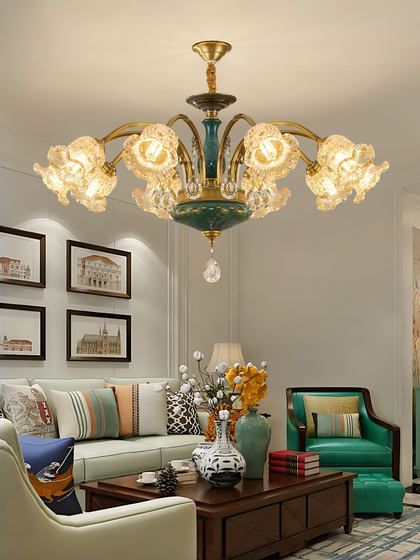 American-Style All-Copper Living Room Chandelier, European-Style Ceramic Crystal Vintage Lighting, High-End and Elegant Copper Lamp for Villa Lobby and Dining Room