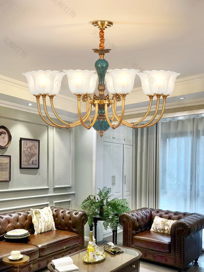 American-Style Retro All-Copper Chandelier, Living Room Lamp, Dining Room Copper Lamp, High-End and Elegant European-Style Ceramic Hall Lamp, Zhongshan Lighting Fixtures