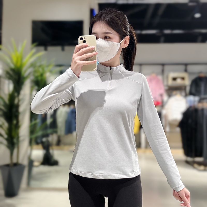 Mugao Di Women's Functional Stand Collar Long Sleeve T-Shirt with Half Zipper, Sweat-Absorbing, Quick-Drying, Sports Stretch, Spring Thin Style, Inner Layer