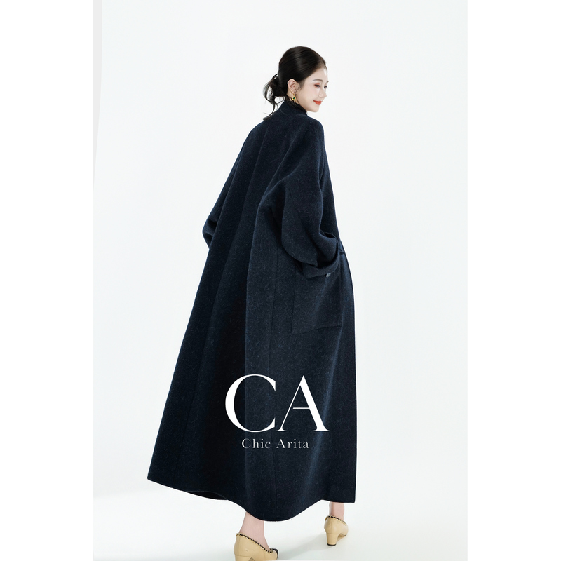 Ca Coat "Deep Sea Navy Blue Alpaca Series" Peruvian Imported Loose-Fleece Dyed Suli Alpaca Wool Long Style
